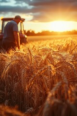 Golden wheat field at sunset with farmer tending to crops near tractor in rural landscape. Generative AI