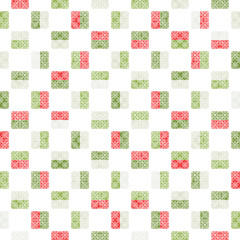 Playful Christmas seamless vector pattern with snowflakes and squares. Geometric background for Christmas and New Year greeting cards, invitations and seasonal wrapping paper.