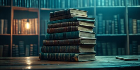 Fototapeta premium Stack of Books on Wooden Table in Cozy Library Setting