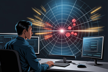 Image describing crybersecurity, firewall, threats, protection, and monitoring