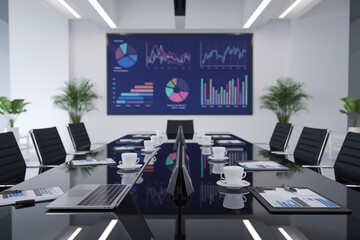 Modern conference room with laptops, coffee cups, table, chairs, tv, and business statistics.