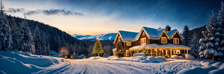 Fototapeta premium Cozy Merry Christmas and Happy New Year Banner - Warm Winter Wonderland Scene with Glittering Ornaments, Sparkling Stars, and Festive Decorations