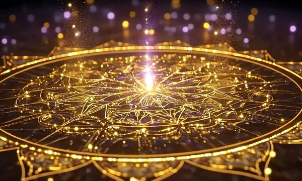 Glowing golden mandala with bokeh lights.