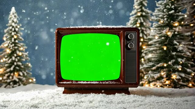 Vintage television showing green screen on christmas background