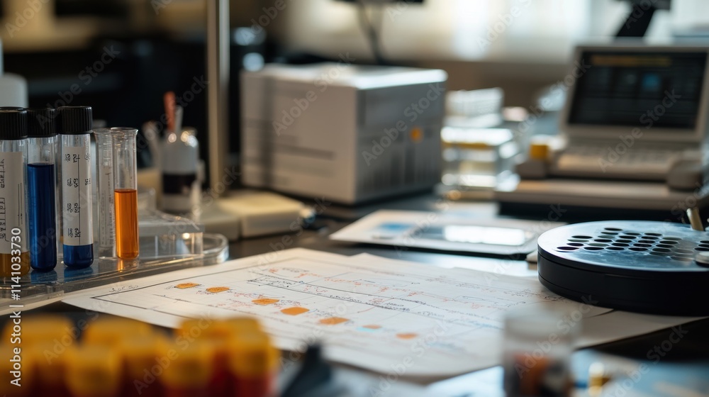 Poster detailed shot of an aienabled data analysis tool on a desk surrounded by handwritten notes and graph