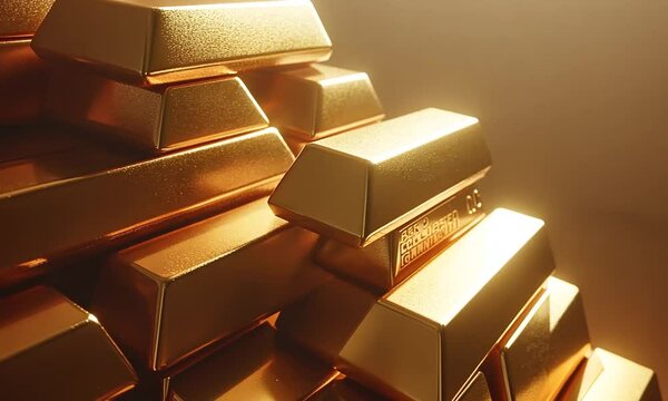 A shimmering pile of gold bars, illuminated by warm light.