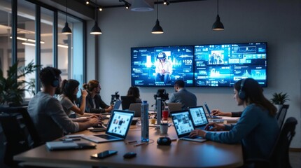 Modern team collaborates in a high-tech office with virtual reality and advanced screens showcasing data and analysis. Generative AI