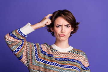 Photo of lovely clever worried woman wear stylish clothes touch head isolated on purple color...