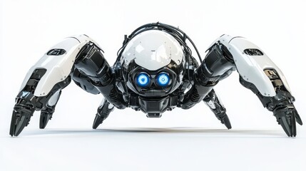 A futuristic robotic spider designed with striking blue eyes and a sleek, modern appearance