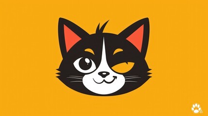Playful cartoon cat face with a winking eye and a yellow background