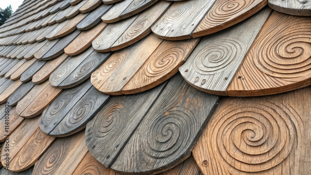Poster close up view of overlapping wooden roof tiles featuring a decorative spiral pattern, highlighting t
