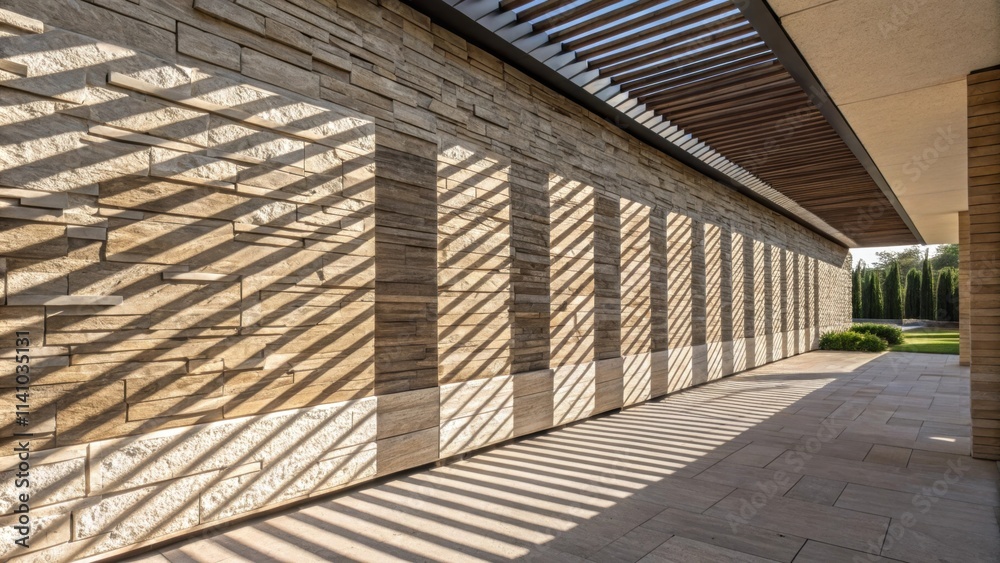 Aufkleber Sunlight filters through a modern pergola, casting striped shadows on a textured stone wall and tiled walkway, creating an interesting architectural pattern