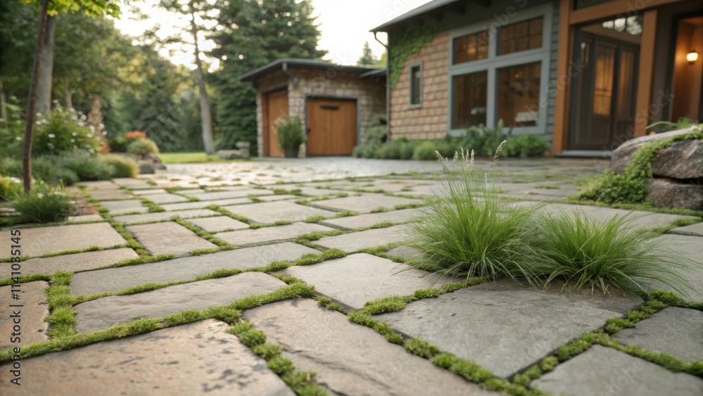 Aufkleber Ornamental grass growing in the cracks between paving stones creates a unique and visually appealing pathway leading to a contemporary home, blending nature and architecture seamlessly