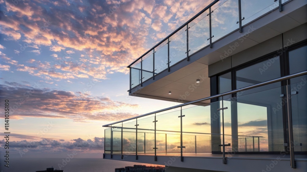 Aufkleber glass balcony of a modern building overlooking a cityscape at sunset, with colorful clouds reflectin