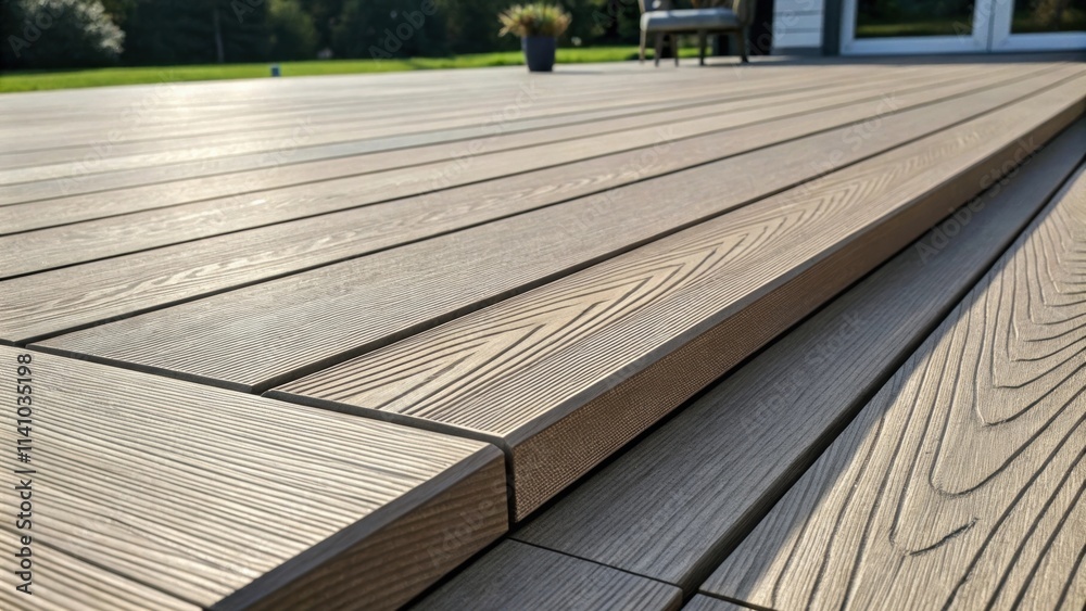 Poster close up view of composite decking boards showcasing their wood like texture and precise installatio