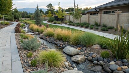 Peaceful outdoor setting featuring a small stream surrounded by rocks, ornamental grasses, and shrubs, with a paved walkway and residential neighborhood in the background