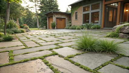 Ornamental grass growing in the cracks between paving stones creates a unique and visually appealing pathway leading to a contemporary home, blending nature and architecture seamlessly