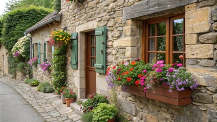 Obraz premium Traditional stone houses adorned with vibrant flower boxes and hanging baskets create a charming scene in a picturesque french village, highlighting rural architecture and gardening