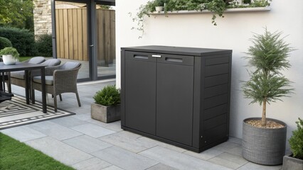 Sleek, dark grey garbage container stands on a paved patio, seamlessly blending into the modern outdoor setting, conveniently located near a dining area with wicker chairs and a table