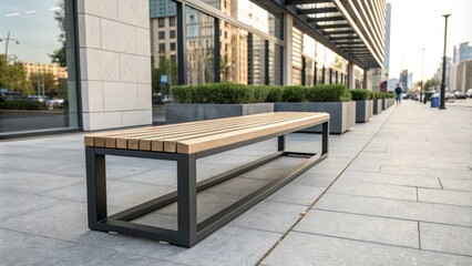 Sleek wooden bench with a dark metal frame offers a place to relax outside a modern office building, enhancing the urban landscape with its stylish design