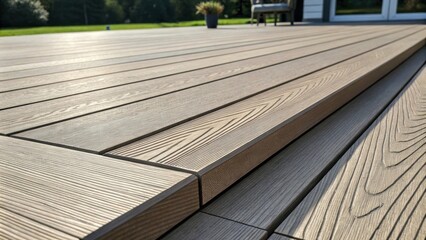 Close up view of composite decking boards showcasing their wood like texture and precise installation, creating a beautiful and long lasting outdoor flooring solution