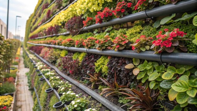 Vibrant vertical garden thrives with an array of colorful flowers and lush plants, creating a stunning display of nature's beauty in an urban setting