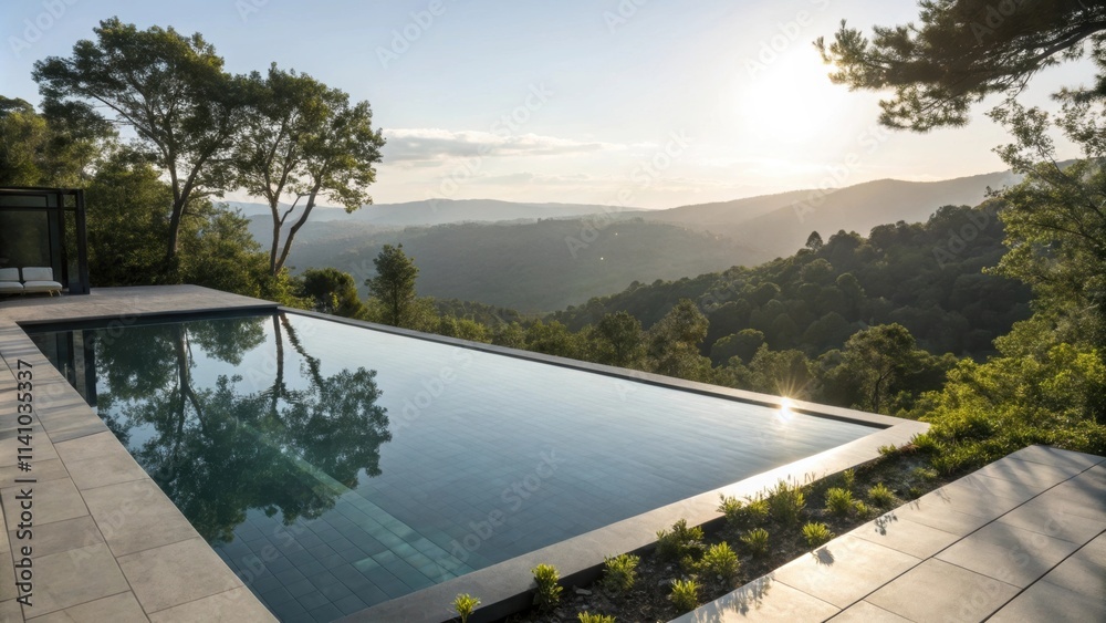 Poster modern infinity pool reflecting lush trees and overlooking a serene green valley at sunset, creating