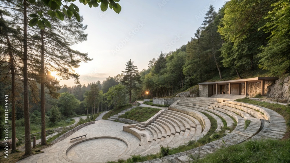 Poster Stone steps of an outdoor amphitheater nestled within a tranquil forest setting are bathed in the warm glow of the setting sun, creating a picturesque scene of nature and architecture in harmony