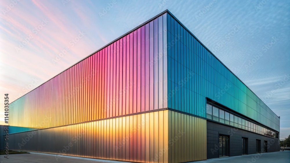Poster colorful reflective panels create a vibrant and dynamic facade on a modern building exterior, illumi