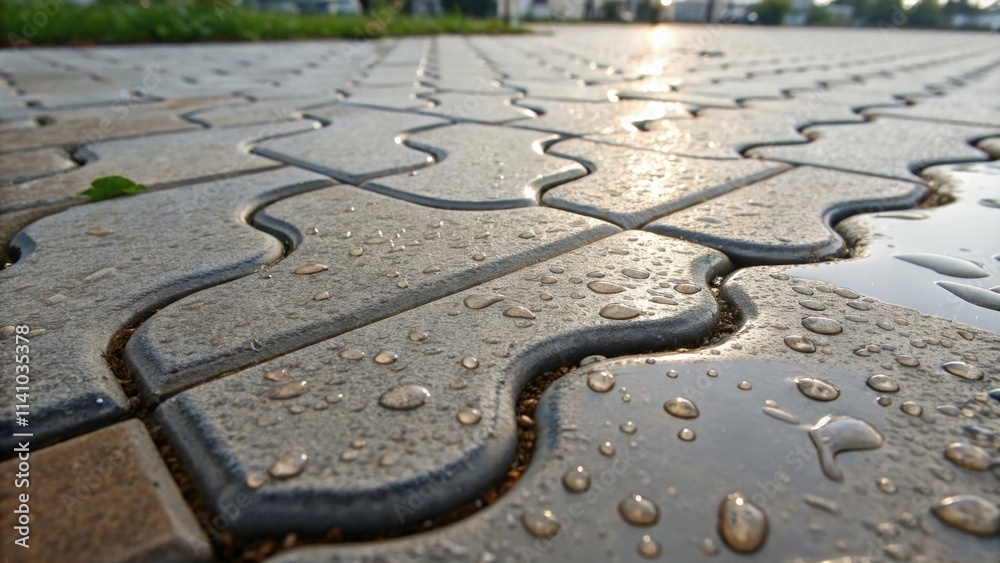 Aufkleber glistening water droplets resting on grey paving stones create a textured pattern after rain, with s