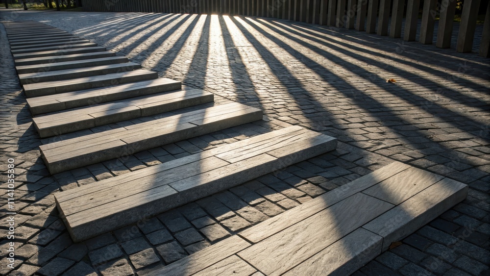 Leinwandbilder wide wooden planks forming steps blend seamlessly into a cobblestone pavement, creating a striking g