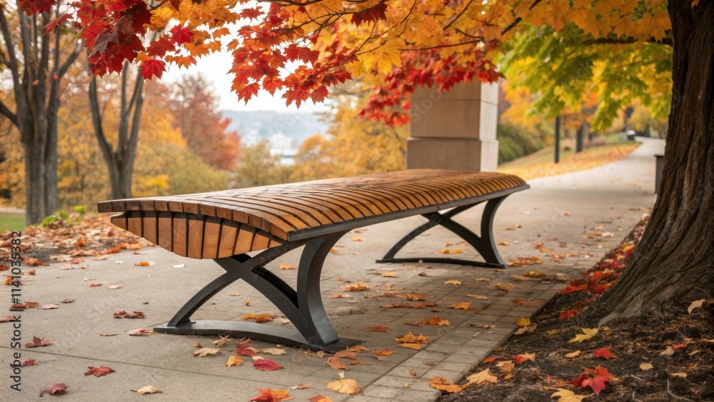 Poster fallen autumn maple leaves surround a modern bench under a maple tree showing its colorful fall foli