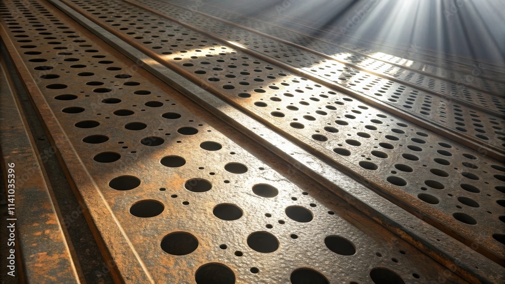 Poster Sunbeams are illuminating rows of rusty perforated metal sheets, creating an abstract industrial background with light and shadow interplay