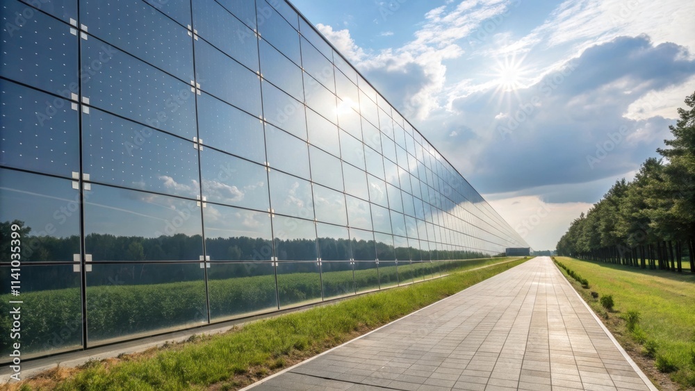 Poster Sunlight reflecting on the glass facade of a modern building, creating a captivating interplay of light and shadow, showcasing sustainable architecture and integration with nature