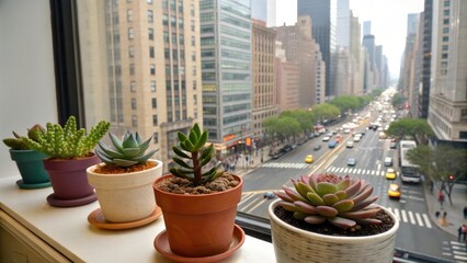 Fototapeta premium Four small terracotta pots with colorful succulents sit on a windowsill overlooking , offering a glimpse of urban life and greenery