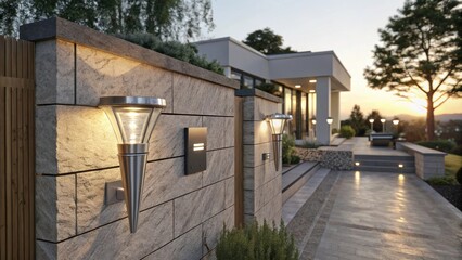 Fototapeta premium Warm light emanating from modern outdoor lamps attached to a textured stone wall enhances the ambiance of a contemporary home's exterior at sunset, creating a welcoming and stylish atmosphere