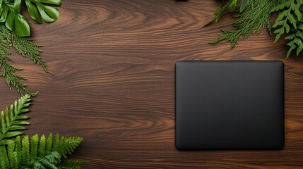 Stylish office workspace with a laptop on a wooden surface, spacious layout perfect for branding, presentations, or stock images