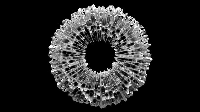 3d render of abstract art video animation of ring circle torus or doughnut in transformation deformation process in soft aluminum metal material on isolated black background