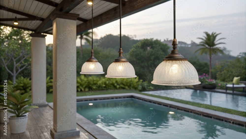 Poster three elegant hanging lamps with frosted glass shades provide soft, ambient lighting to a luxurious 