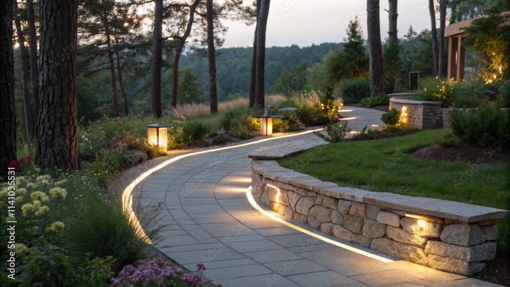 Poster modern garden path featuring integrated led strip lighting, illuminating the walkway and surrounding
