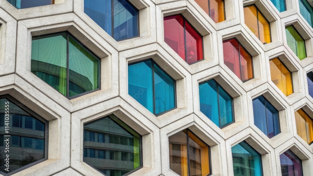 Poster Modern building facade featuring colorful hexagonal windows resembling a beehive, creating a visually striking and unique architectural design