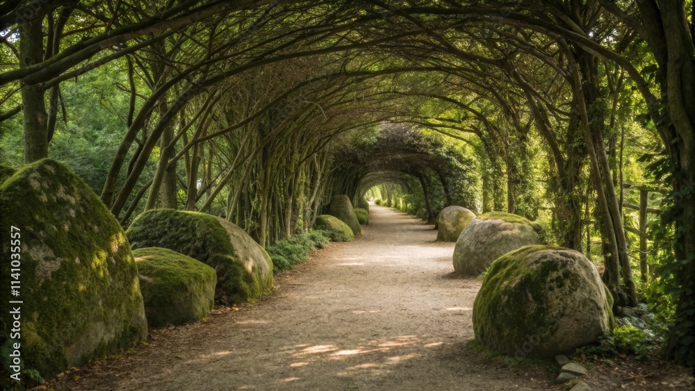 Aufkleber moss covered rocks line a tranquil path leading through a tunnel of intertwined trees, creating a se
