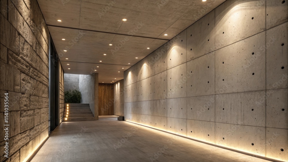 Poster empty modern corridor with stone and concrete walls featuring recessed lighting and a staircase lead