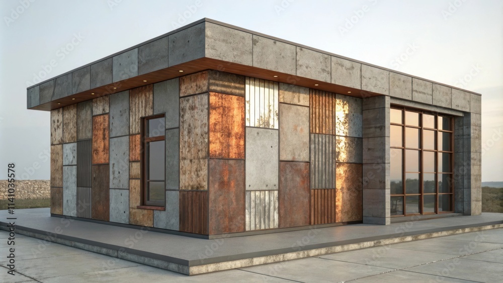 Aufkleber contemporary architectural design combining rusty metal panels and concrete, creating a visually str