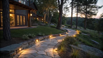 Selbstklebende Fototapeten Low voltage landscape lighting illuminates a winding flagstone pathway leading to a beautiful, modern home in a peaceful, wooded setting at dusk, creating a warm and inviting ambiance © DigitalSpace