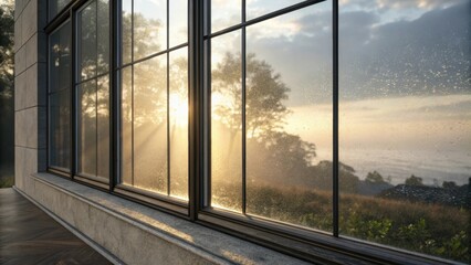 Fototapeta premium Sunlight is streaming through a large, modern window with raindrops clinging to the glass, revealing a breathtaking view of a sunrise over a tranquil landscape