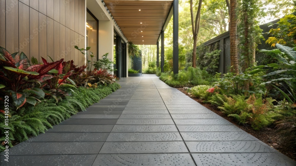 Aufkleber Paved pathway extends from a modern home, bordered by a vibrant array of tropical plants and foliage, creating a serene and inviting entrance