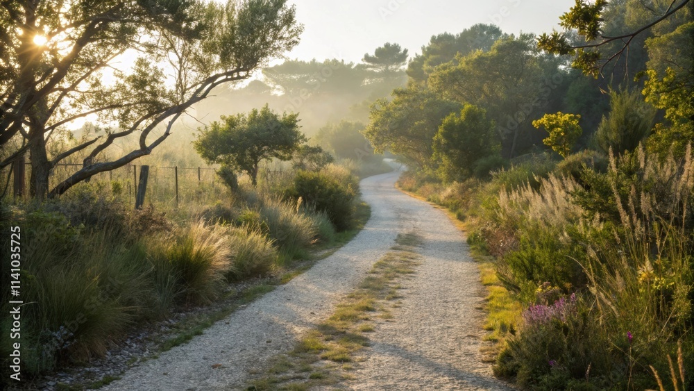 Poster golden sunlight filters through the trees, illuminating a picturesque gravel road that meanders thro
