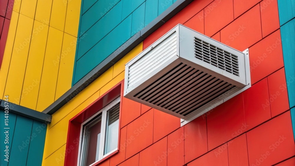 Poster industrial air conditioning unit is mounted on a vibrant, geometrically designed building facade, sh