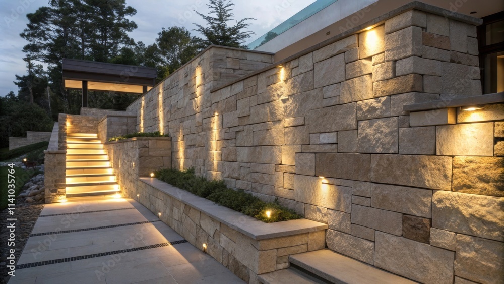 Aufkleber warm toned lights illuminate stone steps and a retaining wall, enhancing the architectural features 